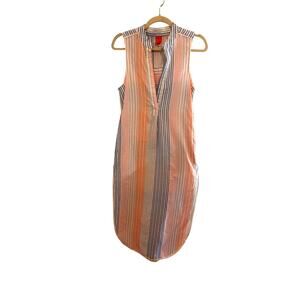 Red Carter Size XS Striped Long tunic top dress 100% Cotton Sleeveless Duster